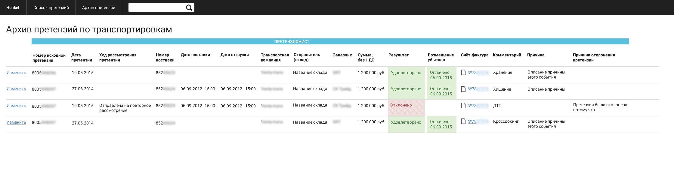 Архив претензий по транспортировкам